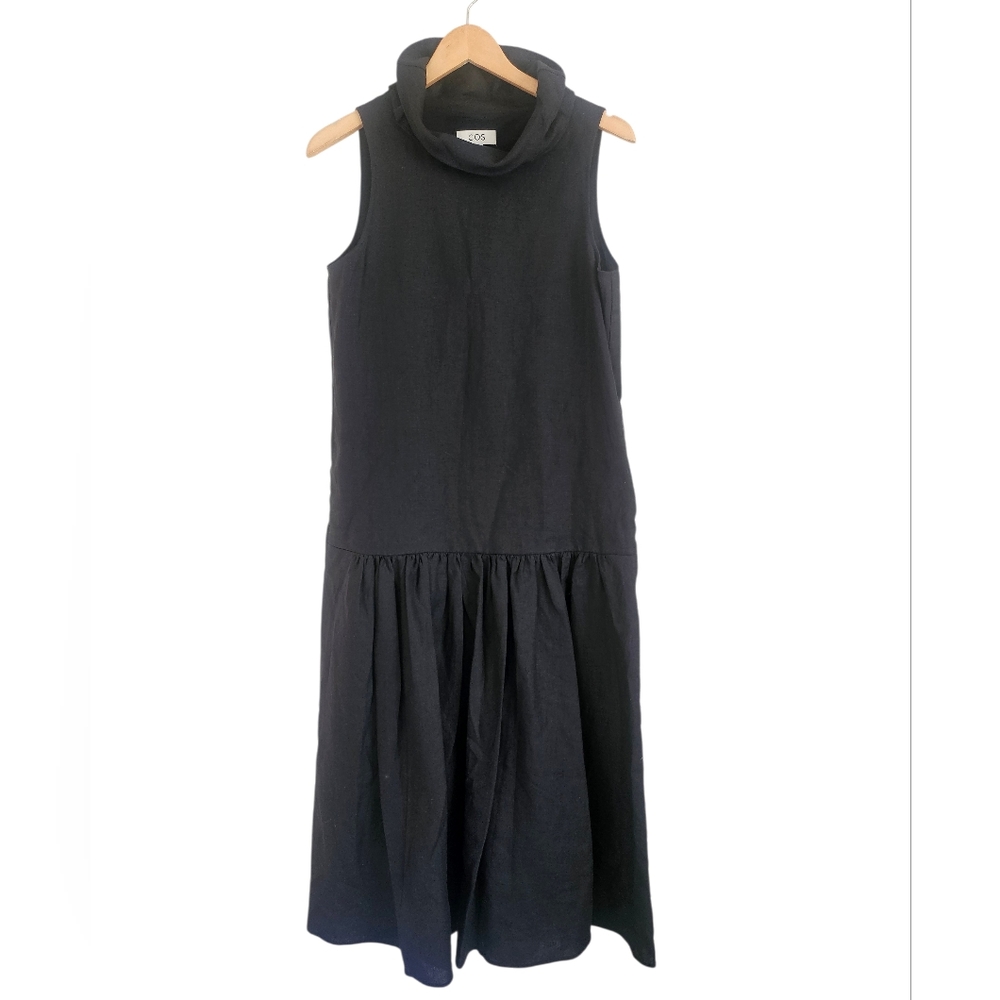 COS Cowl Neck Drop Waist Black Contemporary Midi Dress, Size 2